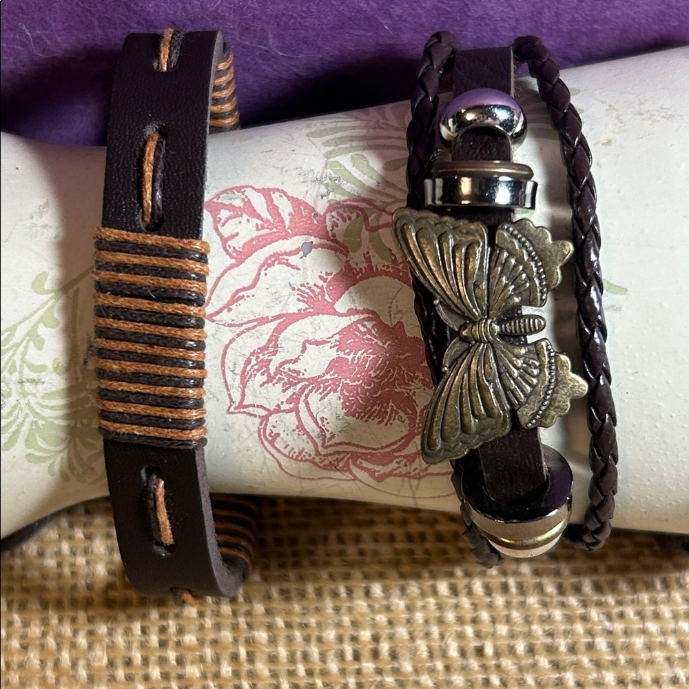Braided Leather Butterfly & An Embroidered Bracelet Bundle (D)